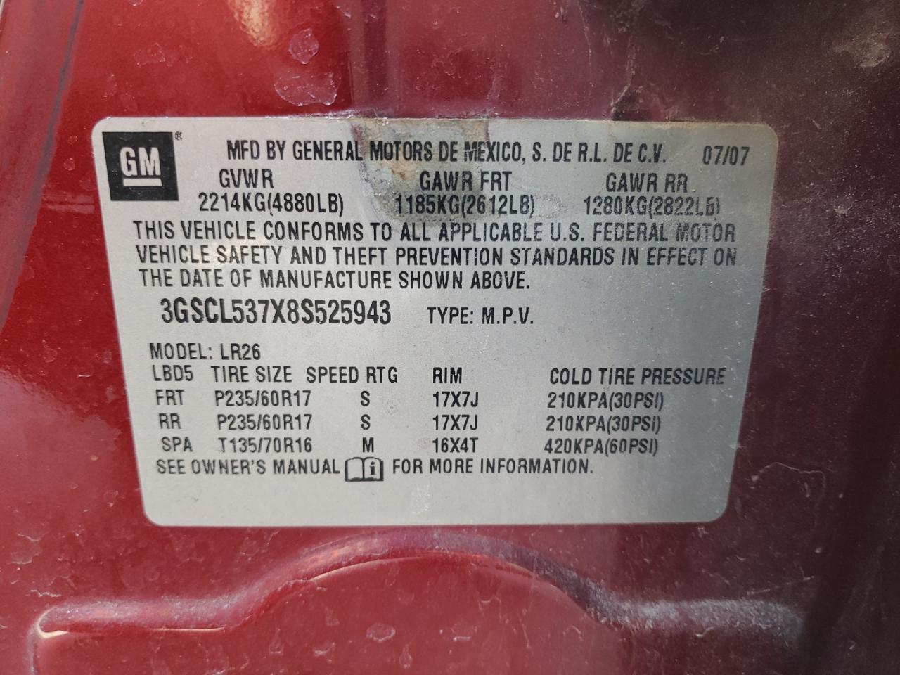 Photo 10 from auction – 2008 SATURN VUE XR with VIN 3GSCL537X8S525943