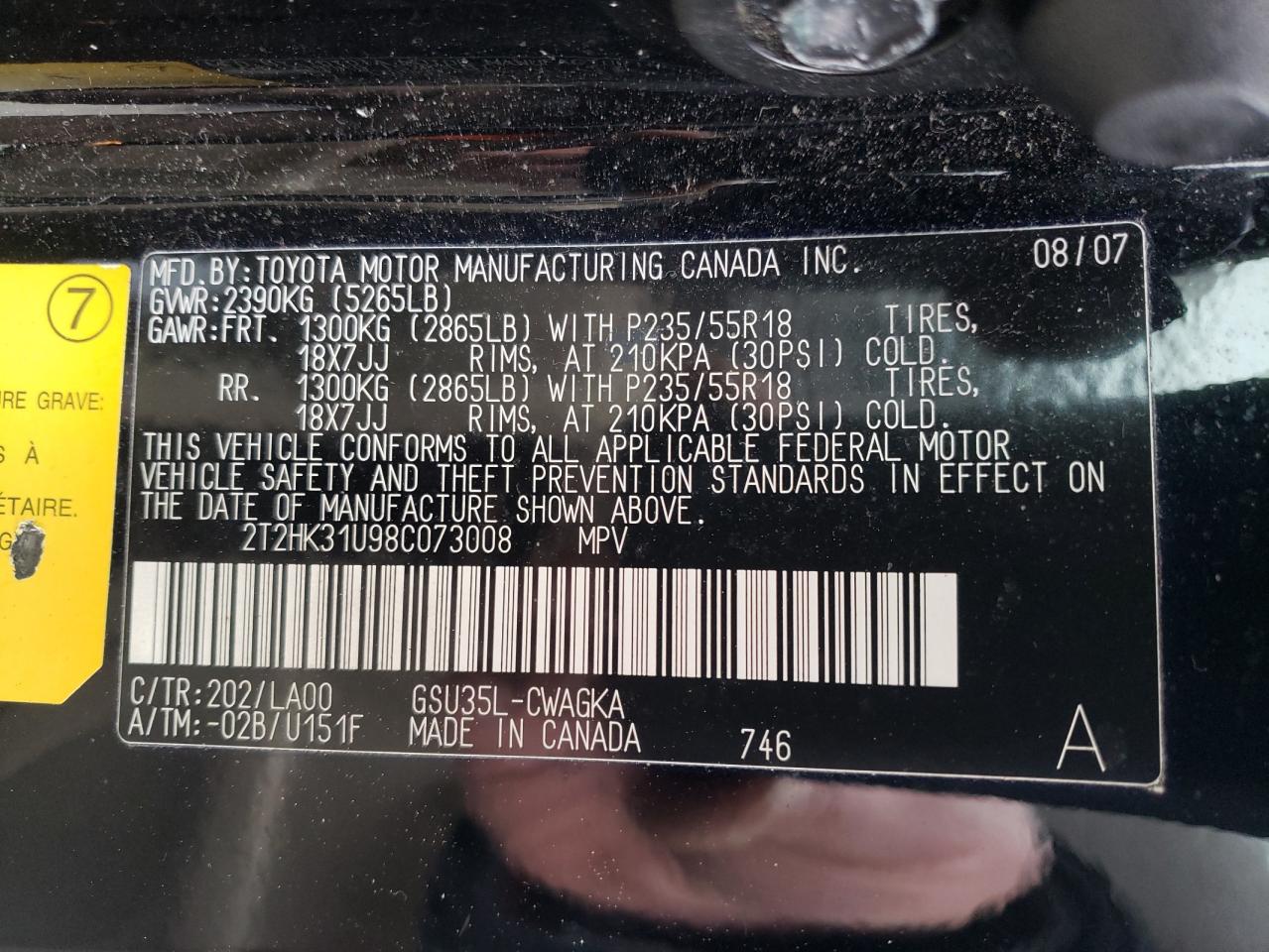 Photo 10 from auction – 2008 LEXUS RX 350 with VIN 2T2HK31U98C073008