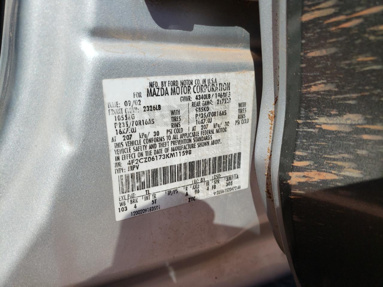 Photo 10 from auction – 2003 MAZDA TRIBUTE with VIN 4F2CZ06173KM11598