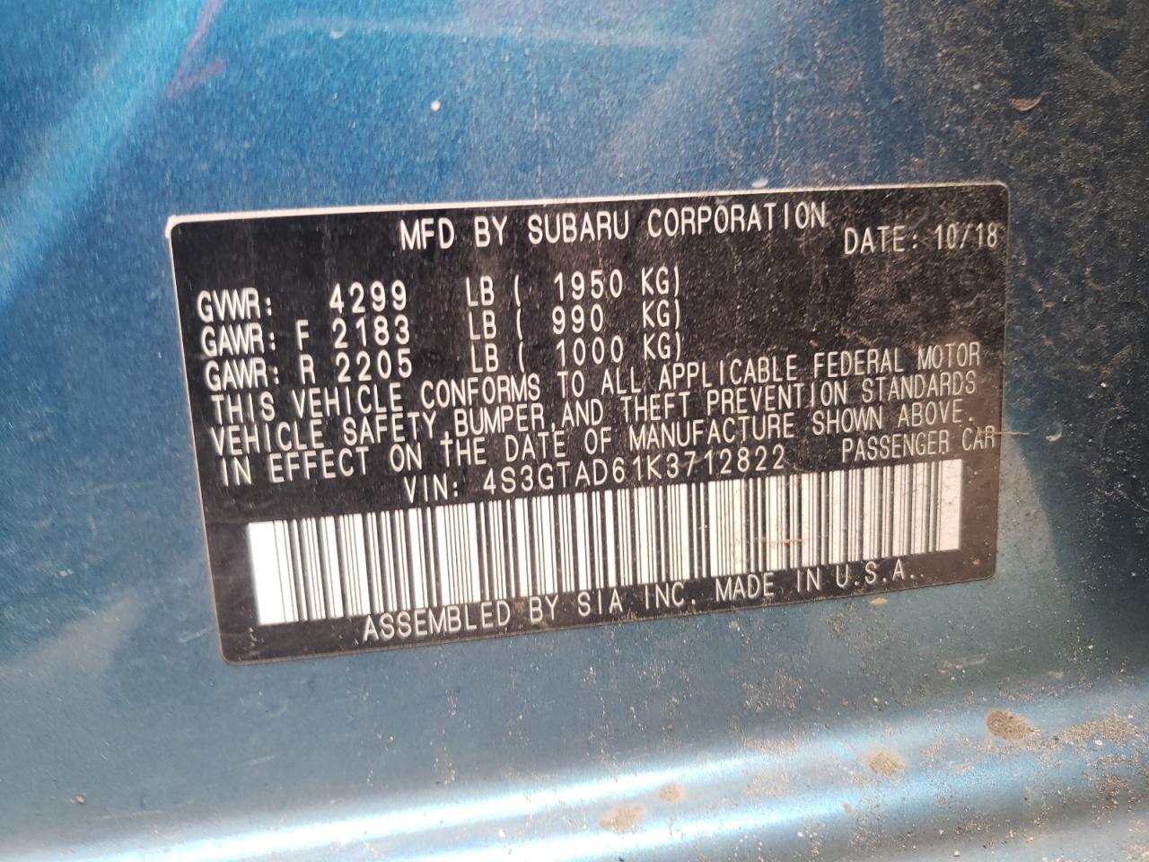 Photo 10 from auction – 2019 SUBARU IMPREZA PR with VIN 4S3GTAD61K3712822
