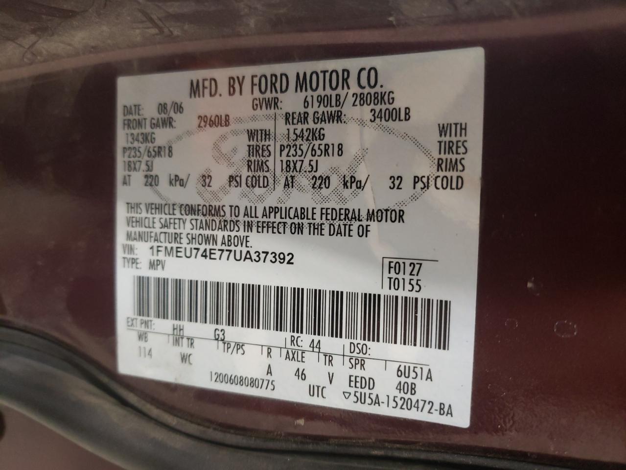 Photo 10 from auction – 2007 FORD EXPLORER E with VIN 1FMEU74E77UA37392