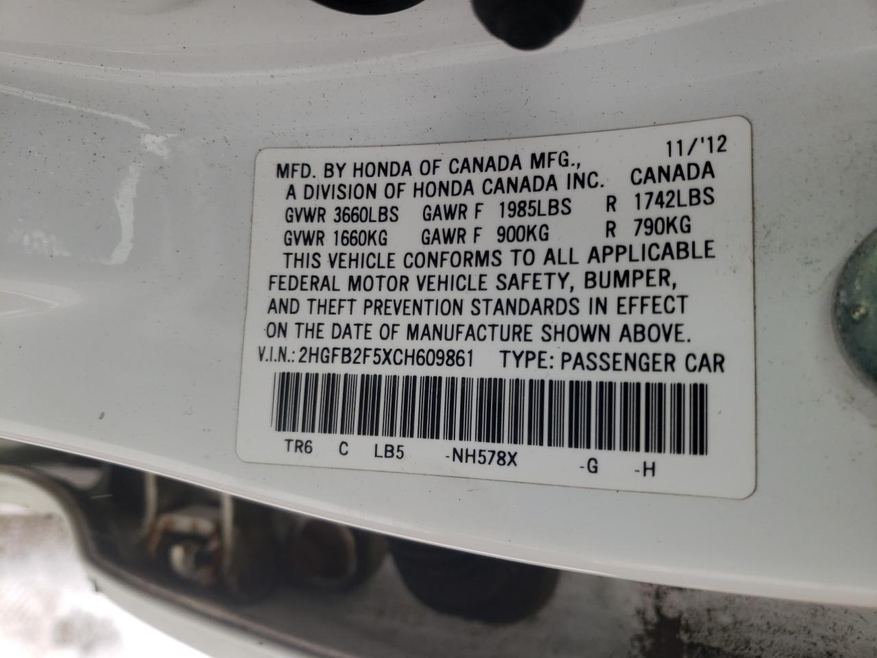 Photo 10 from auction – 2012 HONDA CIVIC LX with VIN 2HGFB2F5XCH609861