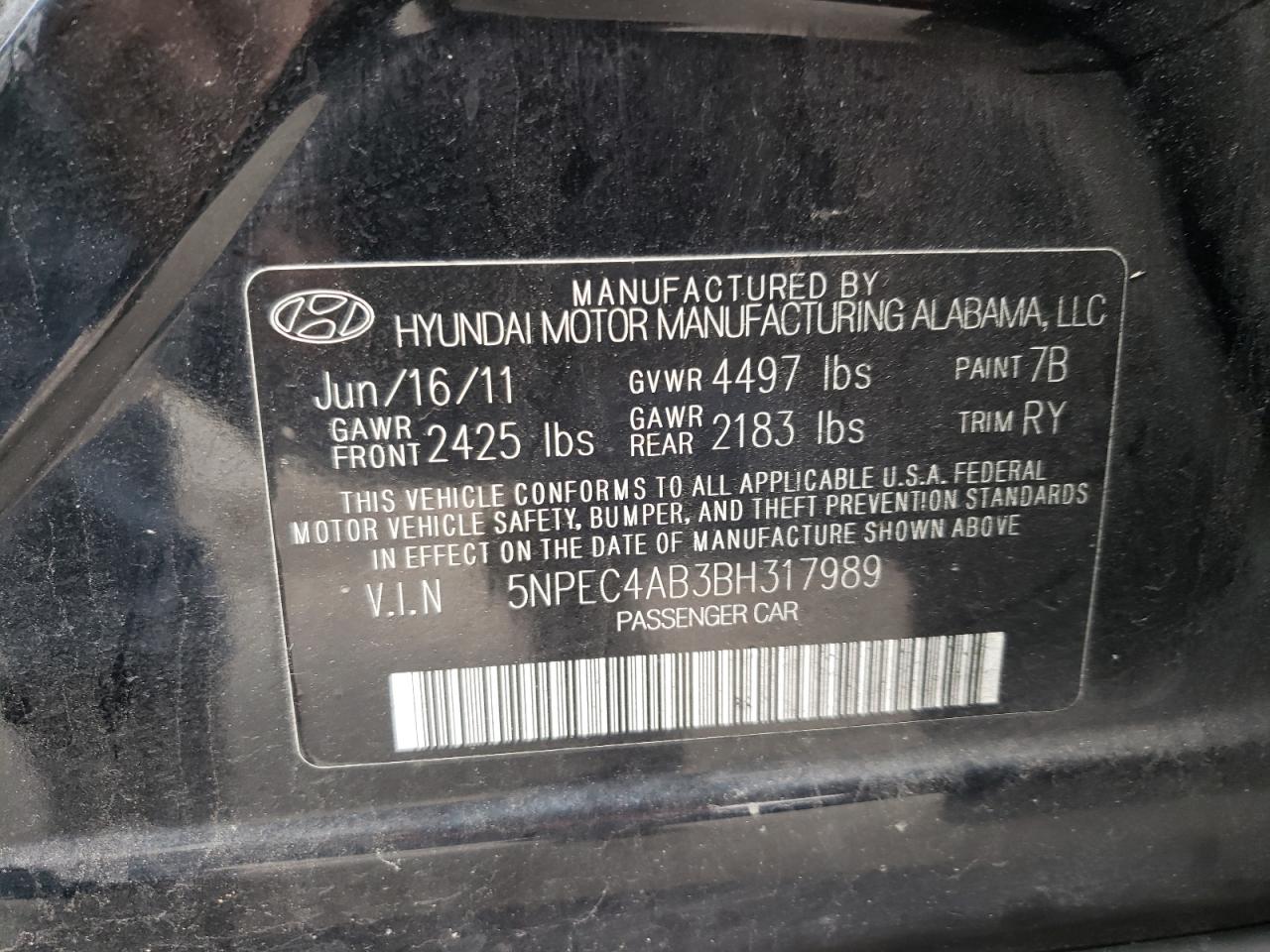 Photo 10 from auction – 2011 HYUNDAI SONATA SE with VIN 5NPEC4AB3BH317989