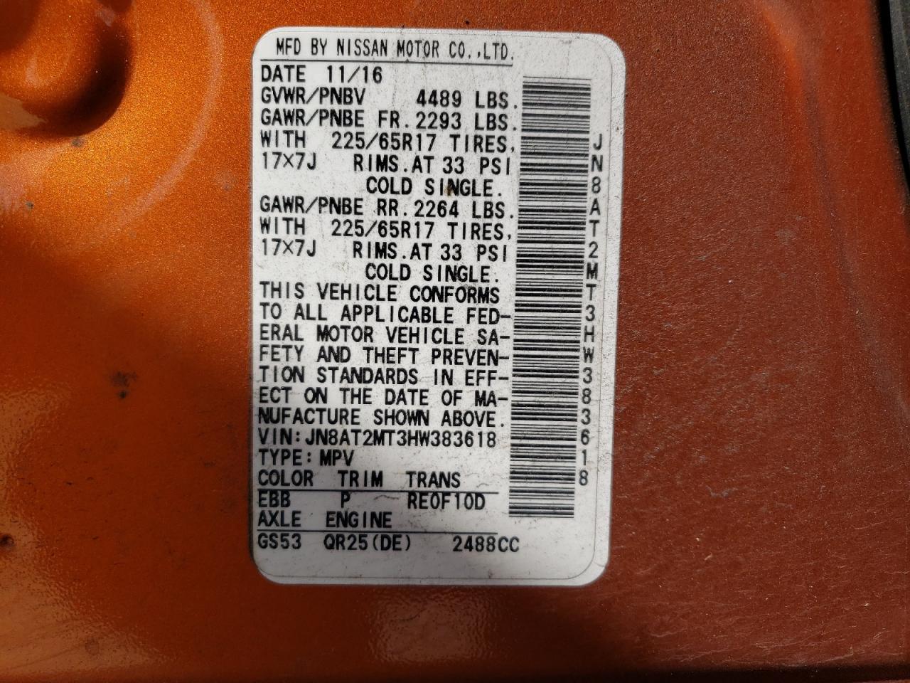 Photo 10 from auction – 2017 NISSAN ROGUE S with VIN JN8AT2MT3HW383618