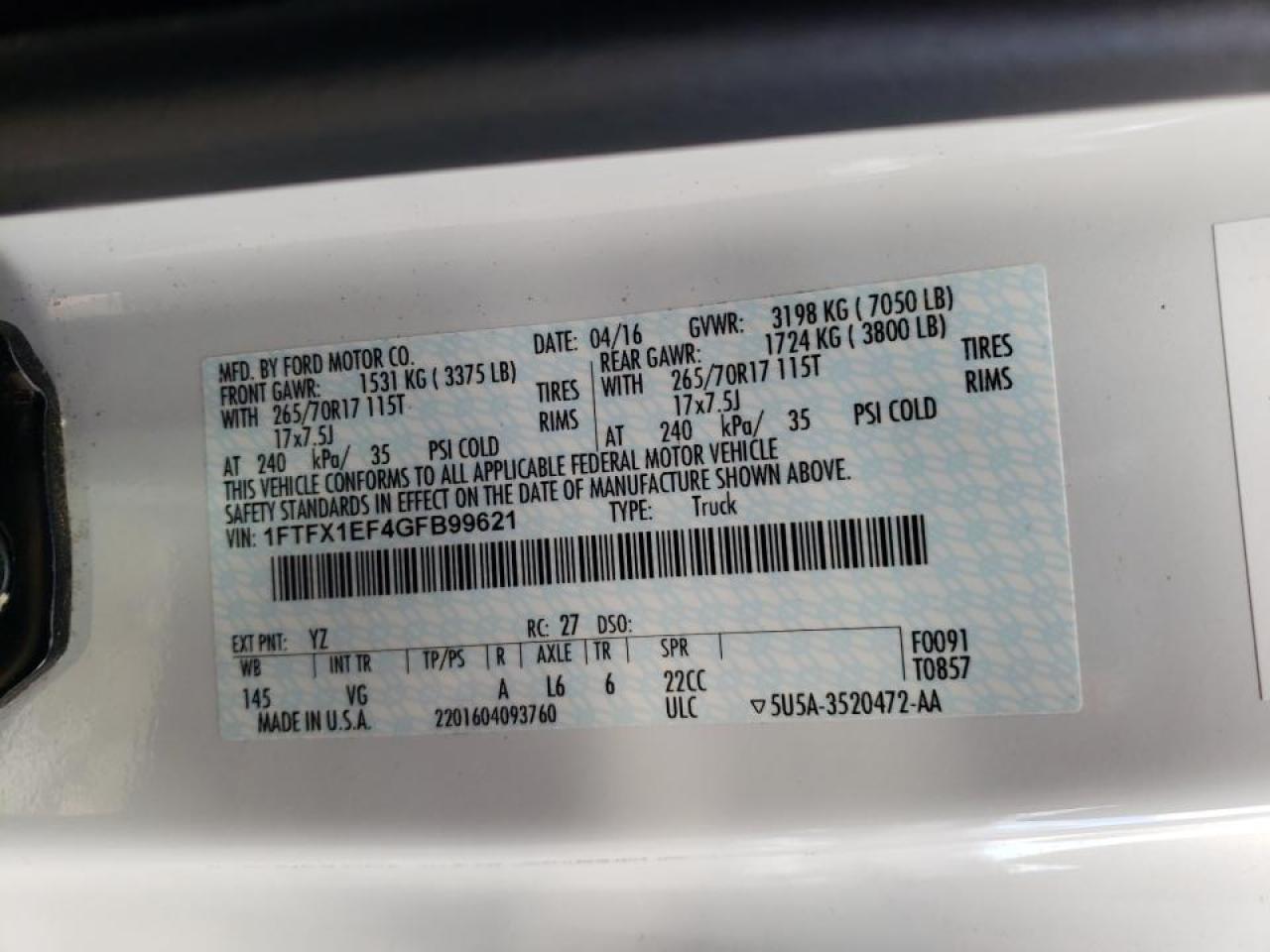 Photo 10 from auction – 2016 FORD F150 SUPER with VIN 1FTFX1EF4GFB99621