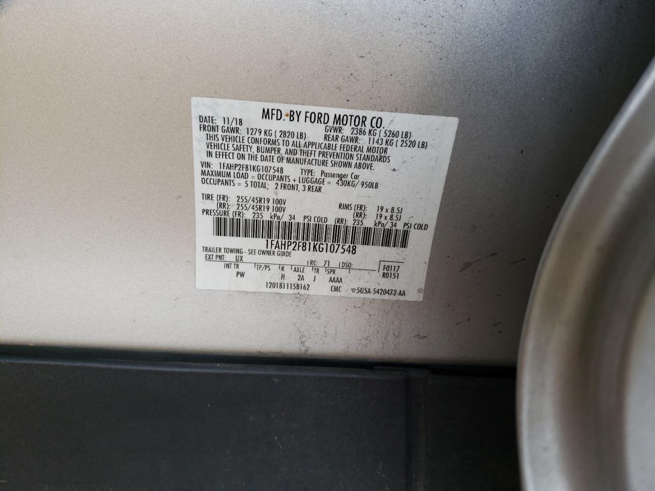 Photo 10 from auction – 2019 FORD TAURUS LIM with VIN 1FAHP2F81KG107548