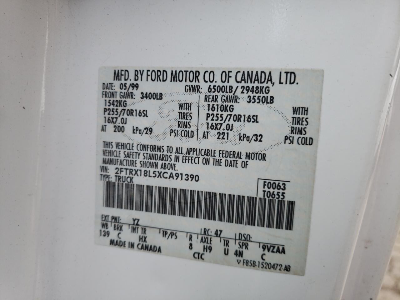 Photo 10 from auction – 1999 FORD F150 with VIN 2FTRX18L5XCA91390