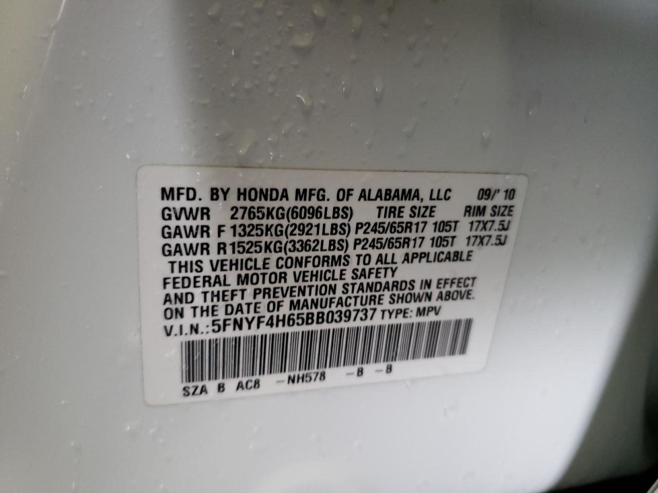 Photo 10 from auction – 2011 HONDA PILOT EXL with VIN 5FNYF4H65BB039737