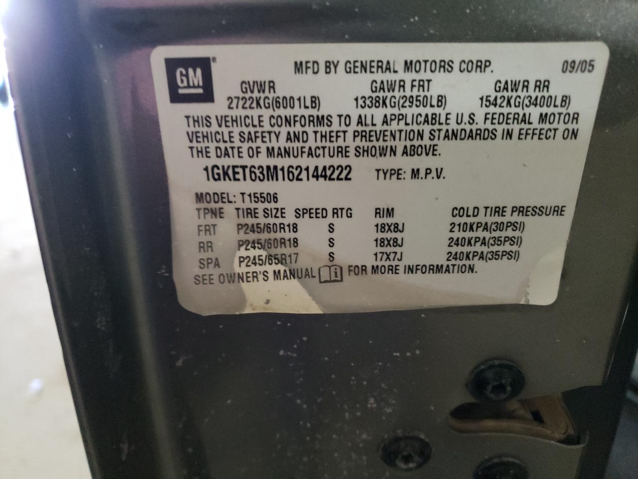 Photo 10 from auction – 2006 GMC ENVOY DENA with VIN 1GKET63M162144222