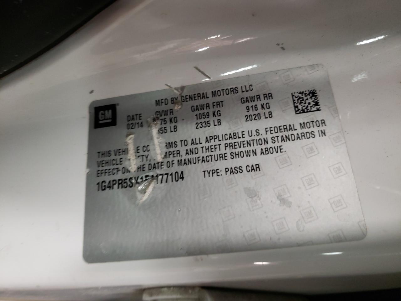 Photo 10 from auction – 2014 BUICK VERANO CON with VIN 1G4PR5SK1E4177104