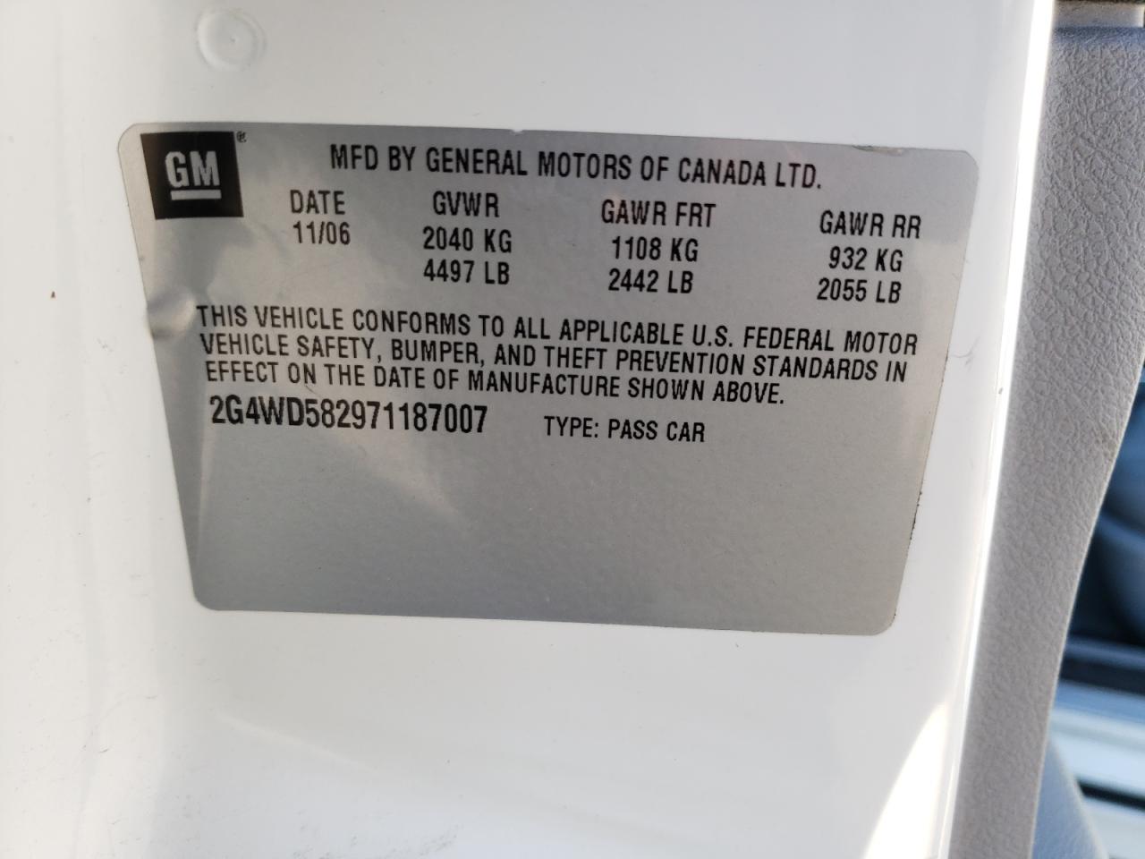 Photo 10 from auction – 2007 BUICK LACROSSE C with VIN 2G4WD582971187007