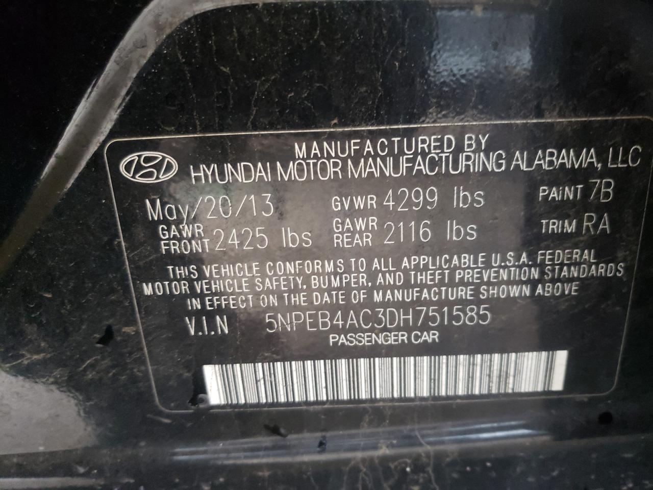 Photo 10 from auction – 2013 HYUNDAI SONATA GLS with VIN 5NPEB4AC3DH751585
