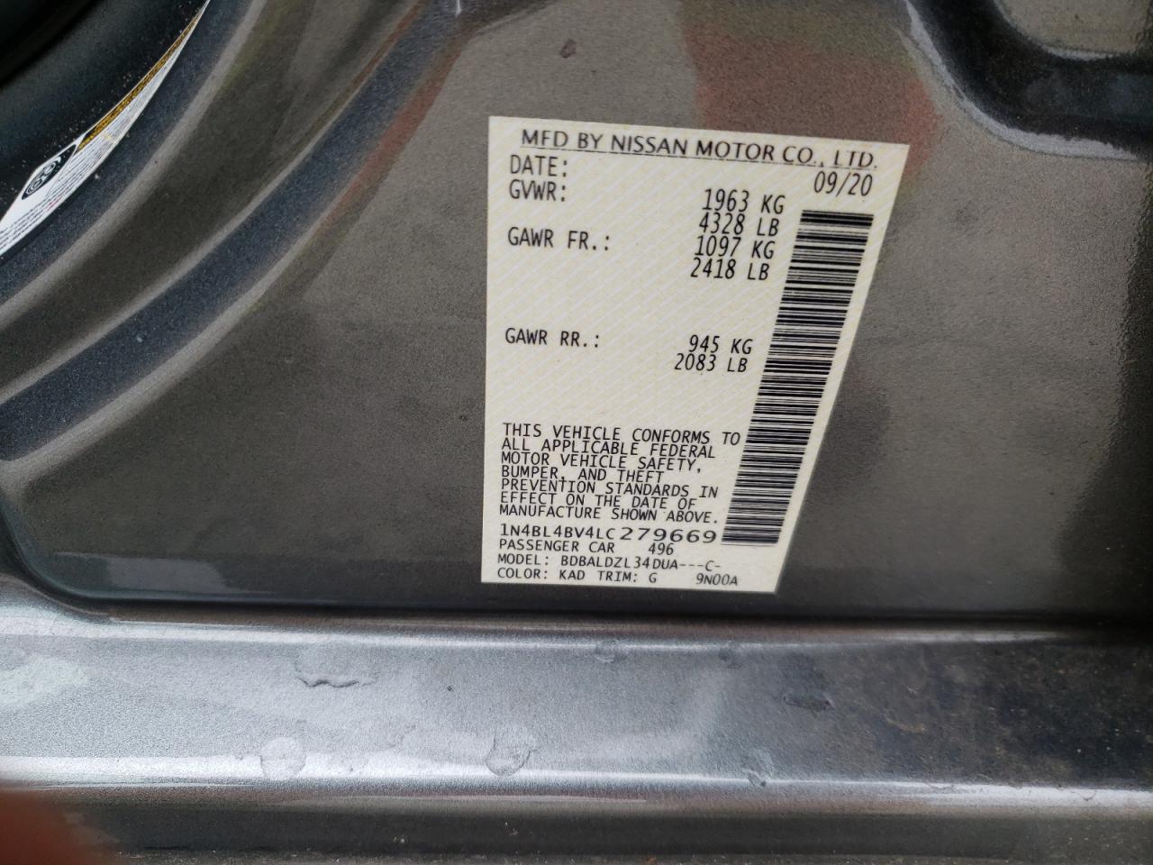 Photo 10 from auction – 2020 NISSAN ALTIMA S with VIN 1N4BL4BV4LC279669