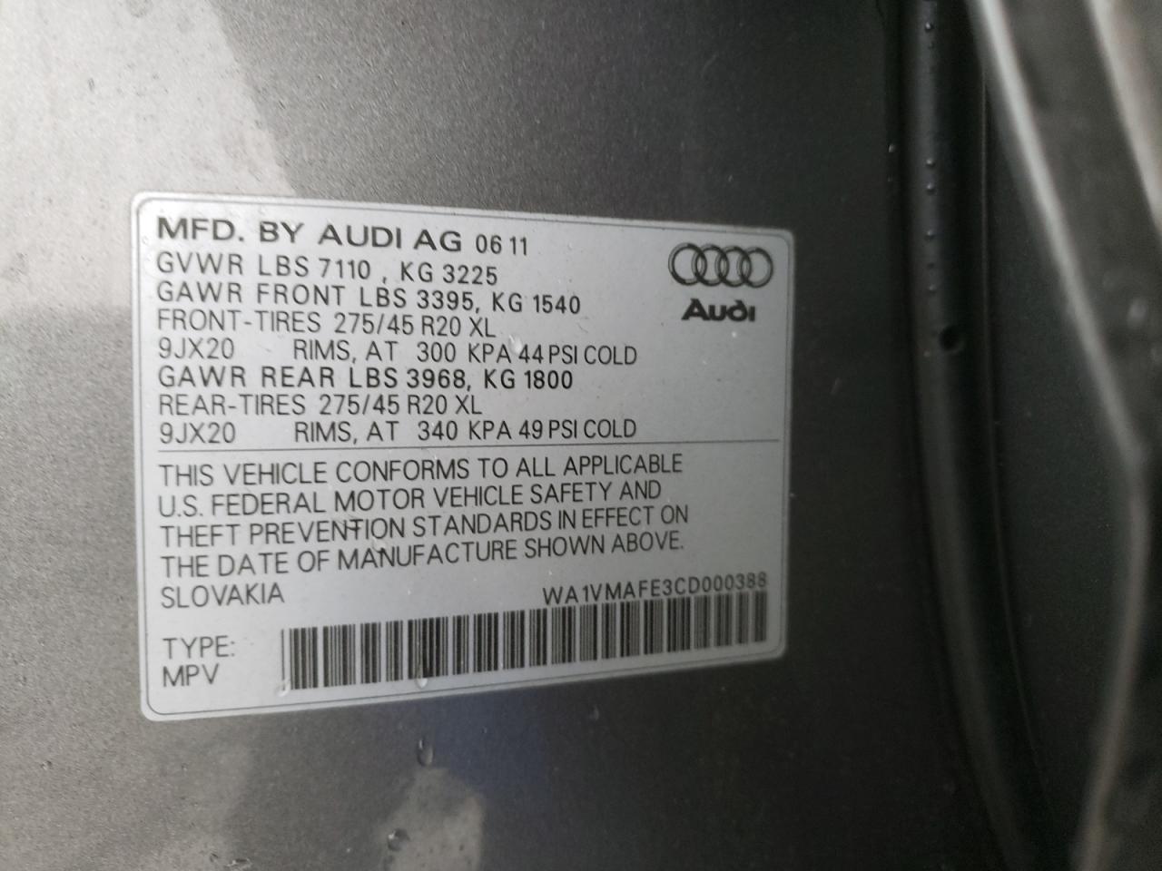 Photo 10 from auction – 2012 AUDI Q7 PRESTIG with VIN WA1VMAFE3CD000388