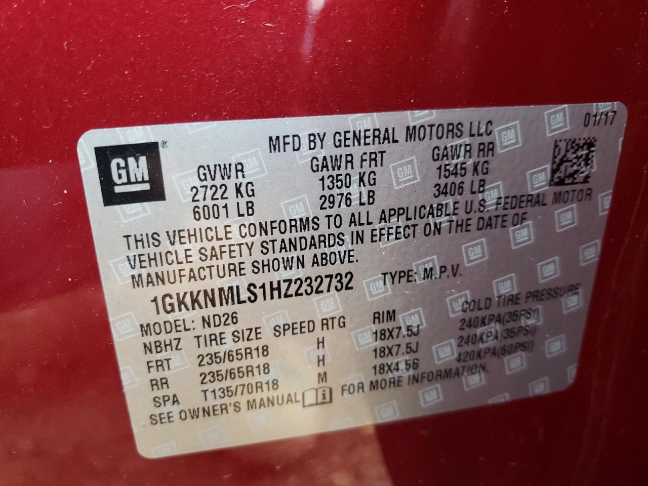 Photo 10 from auction – 2017 GMC ACADIA SLT with VIN 1GKKNMLS1HZ232732
