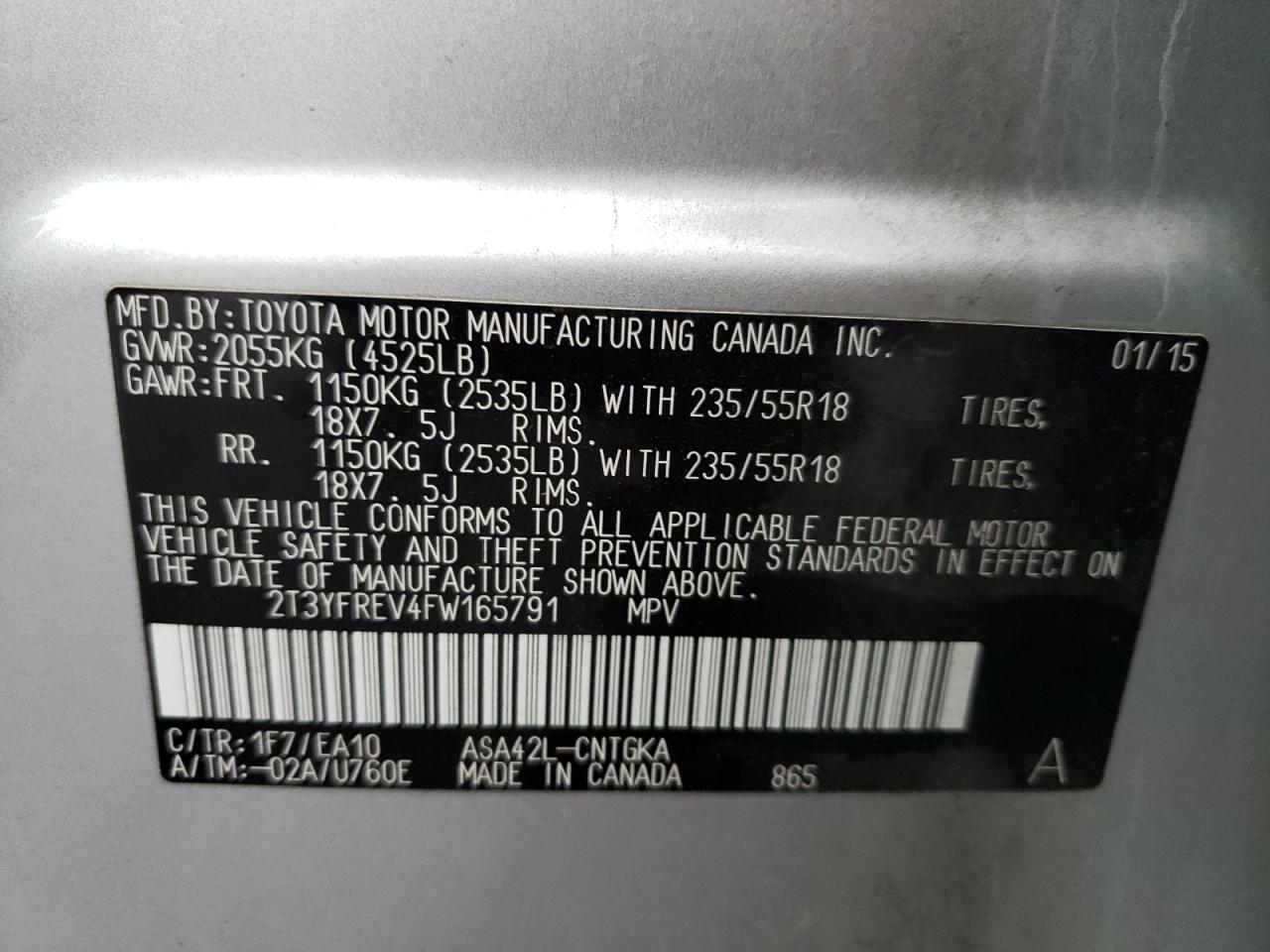 Photo 10 from auction – 2015 TOYOTA RAV4 LIMIT with VIN 2T3YFREV4FW165791