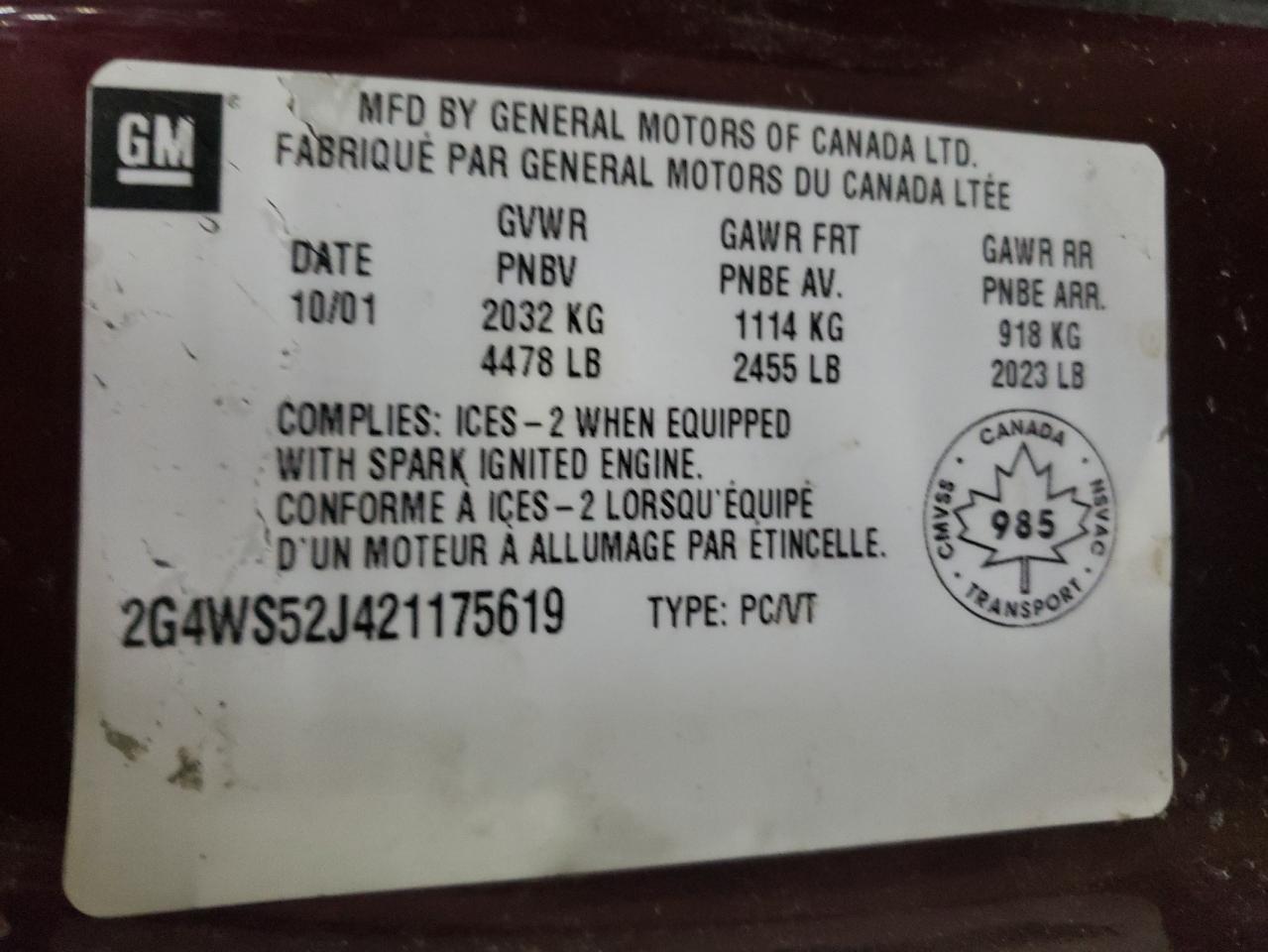 Photo 10 from auction – 2002 BUICK CENTURY CU with VIN 2G4WS52J421175619