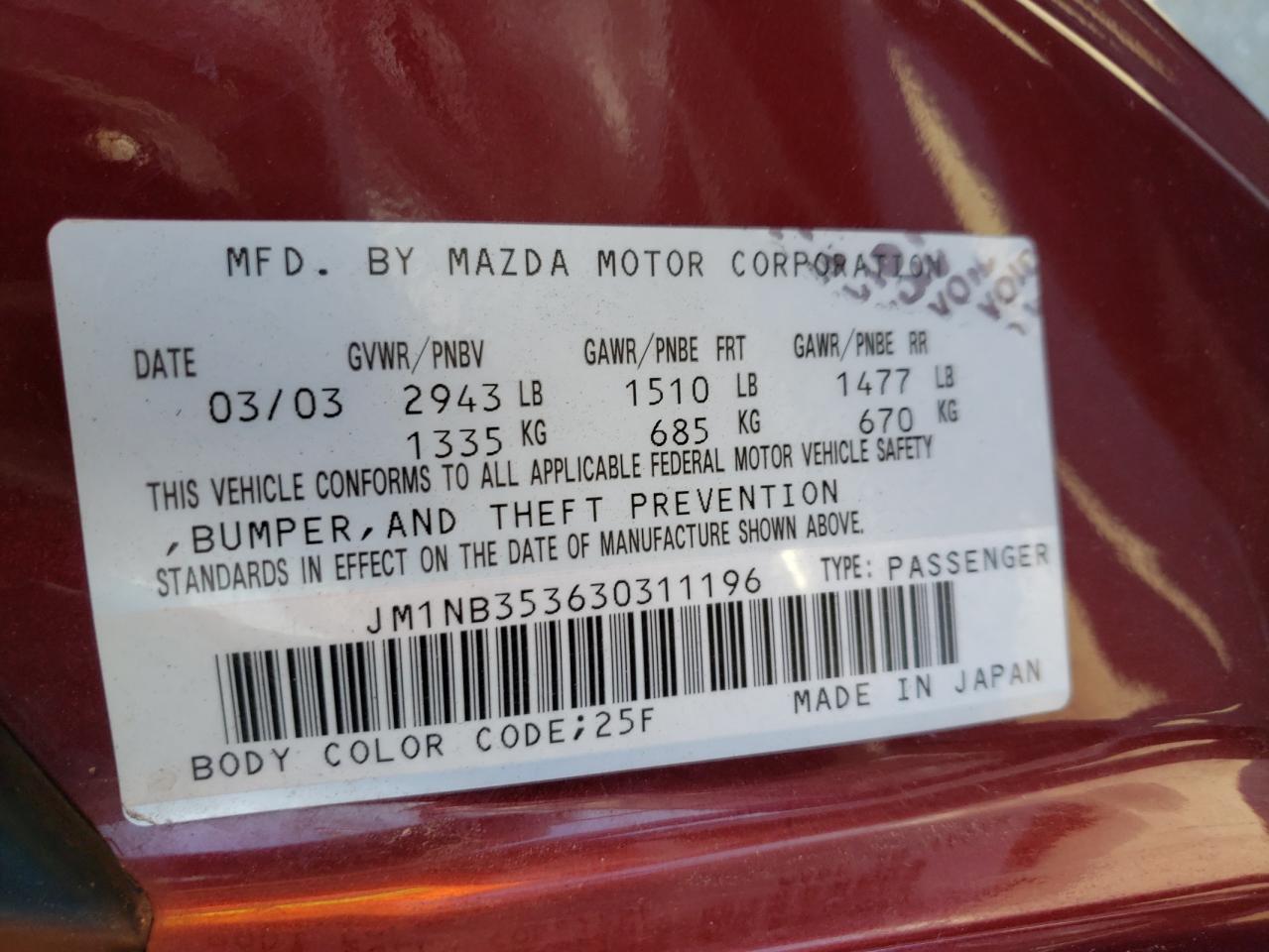 Photo 10 from auction – 2003 MAZDA MX-5 MIATA with VIN JM1NB353630311196