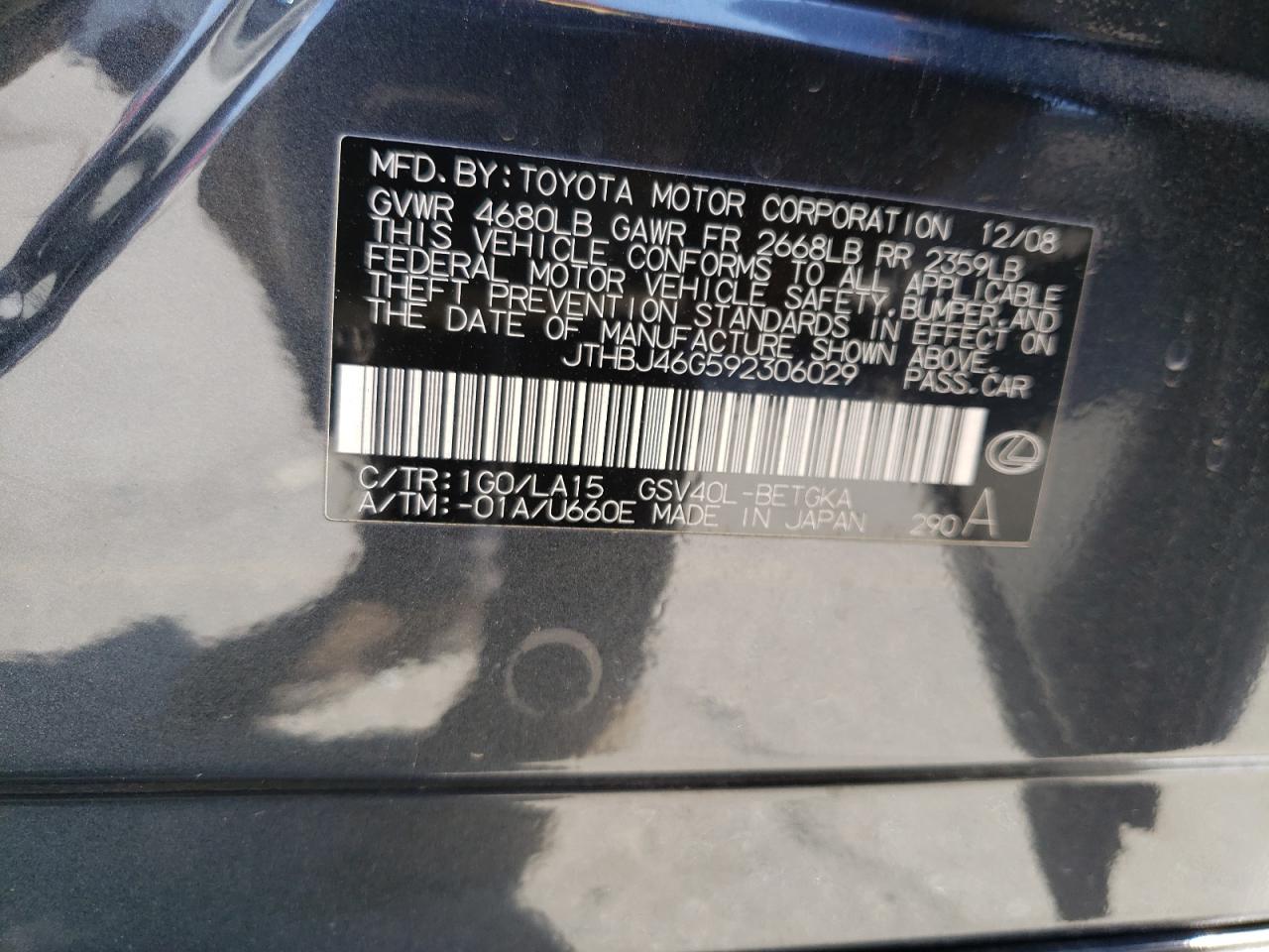 Photo 10 from auction – 2009 LEXUS ES 350 with VIN JTHBJ46G592306029