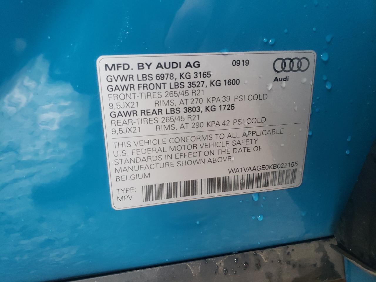 Photo 10 from auction – 2019 AUDI E-TRON PRE with VIN WA1VAAGE0KB022155