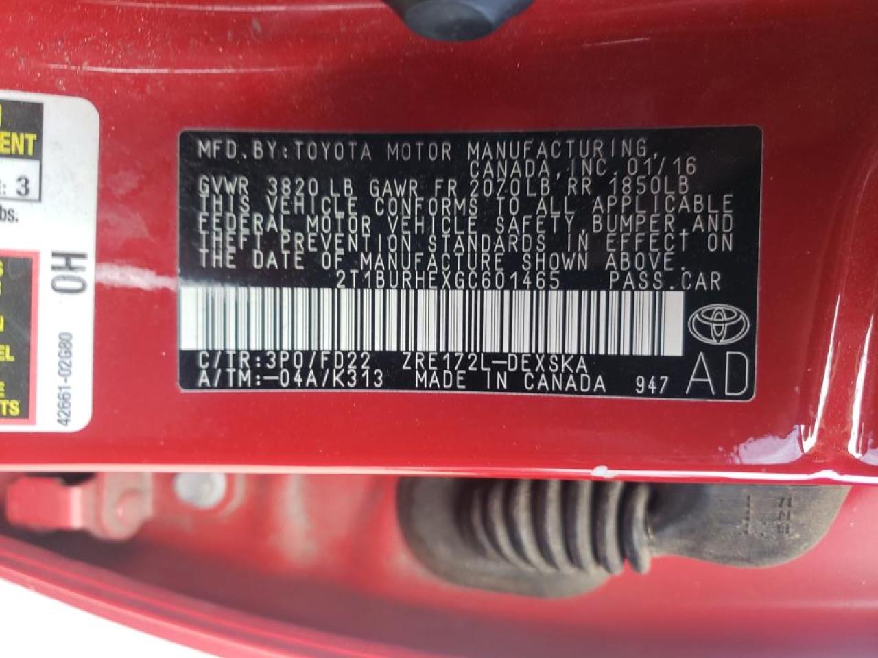 Photo 10 from auction – 2016 TOYOTA COROLLA L with VIN 2T1BURHEXGC601465