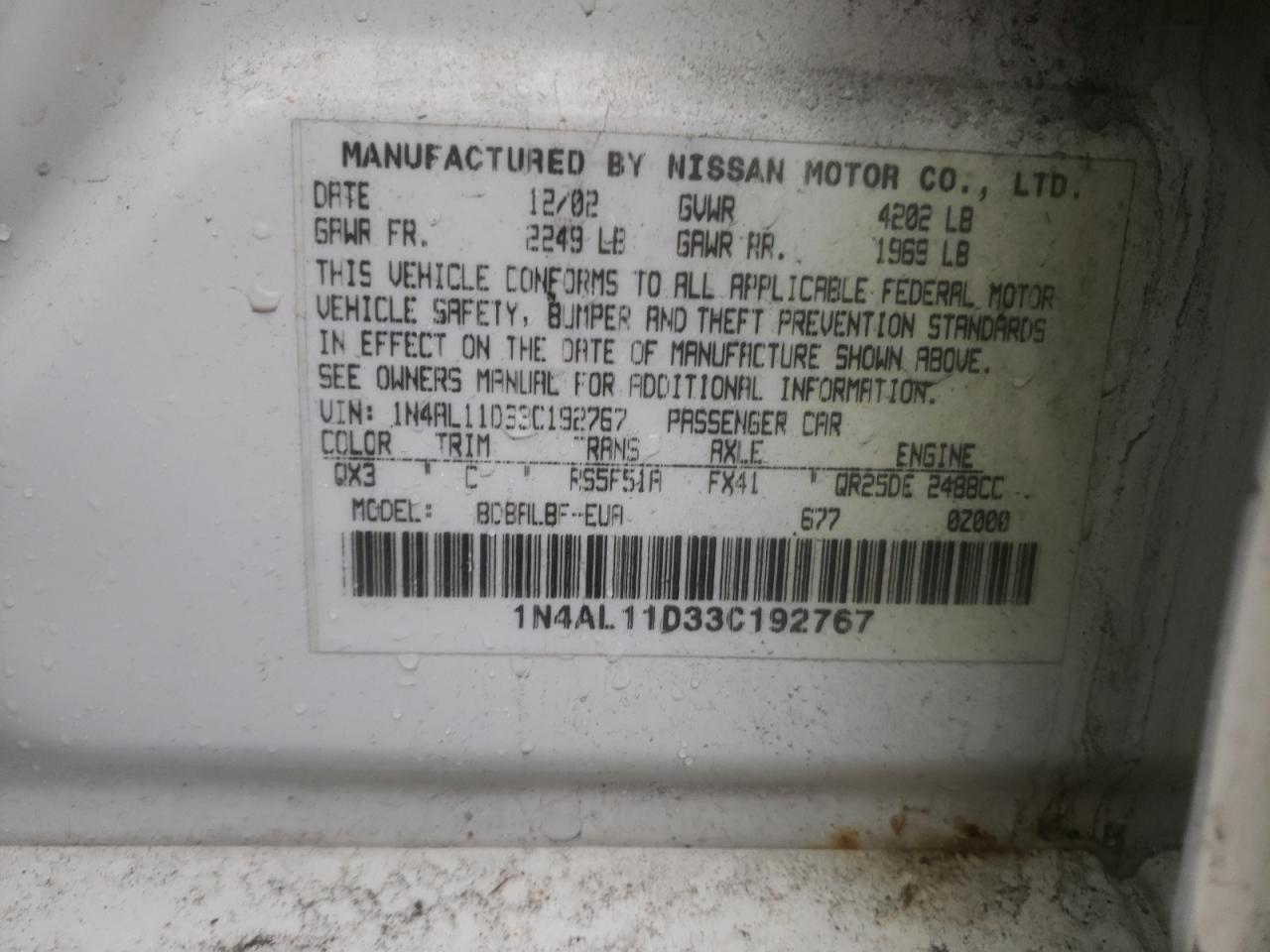 Photo 10 from auction – 2003 NISSAN ALTIMA BAS with VIN 1N4AL11D33C192767