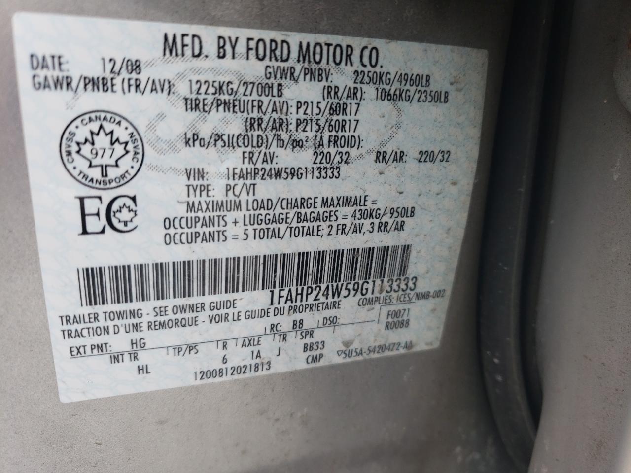 Photo 10 from auction – 2009 FORD TAURUS SEL with VIN 1FAHP24W59G113333