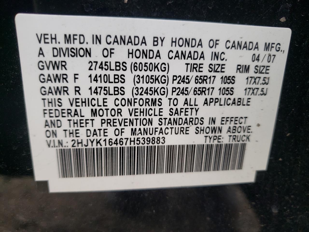 Photo 10 from auction – 2007 HONDA RIDGELINE with VIN 2HJYK16467H539883