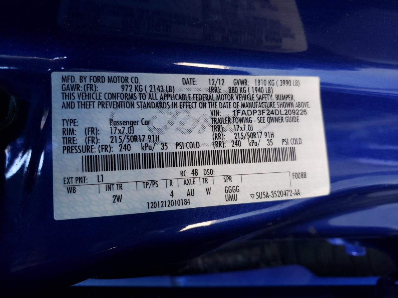Photo 10 from auction – 2013 FORD FOCUS SE with VIN 1FADP3F24DL209226