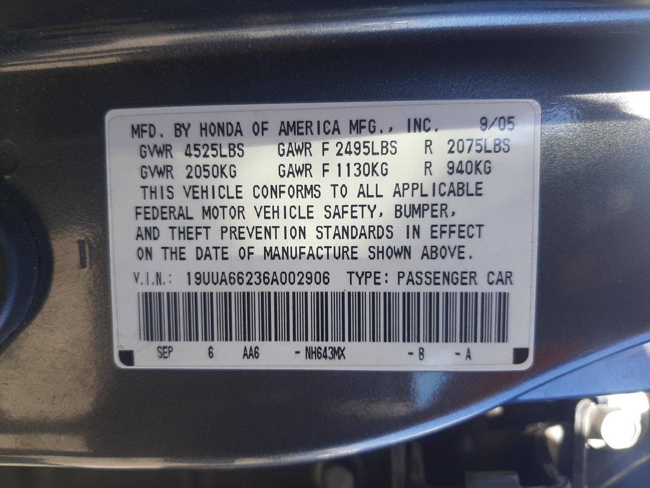 Photo 10 from auction – 2006 ACURA 3.2TL with VIN 19UUA66236A002906