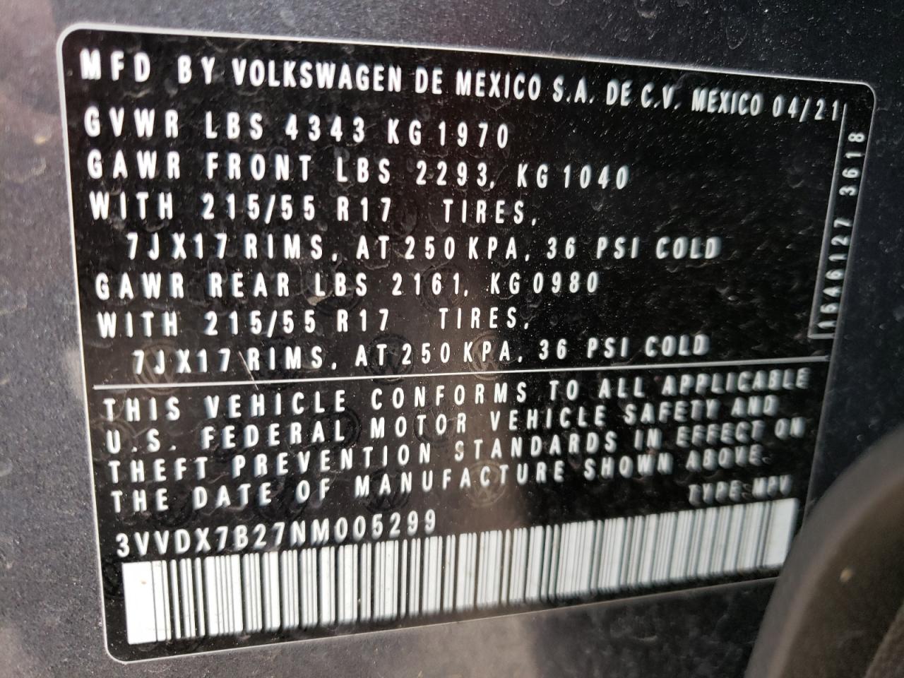 Photo 10 from auction – 2022 VOLKSWAGEN TAOS S with VIN 3VVDX7B27NM005299