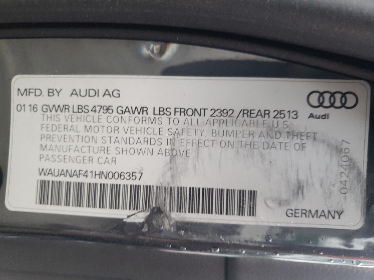 Photo 10 from auction – 2017 AUDI A4 PREMIUM with VIN WAUANAF41HN006357