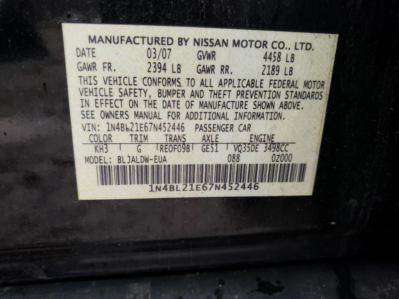 Photo 10 from auction – 2007 NISSAN ALTIMA 3.5 with VIN 1N4BL21E67N452446