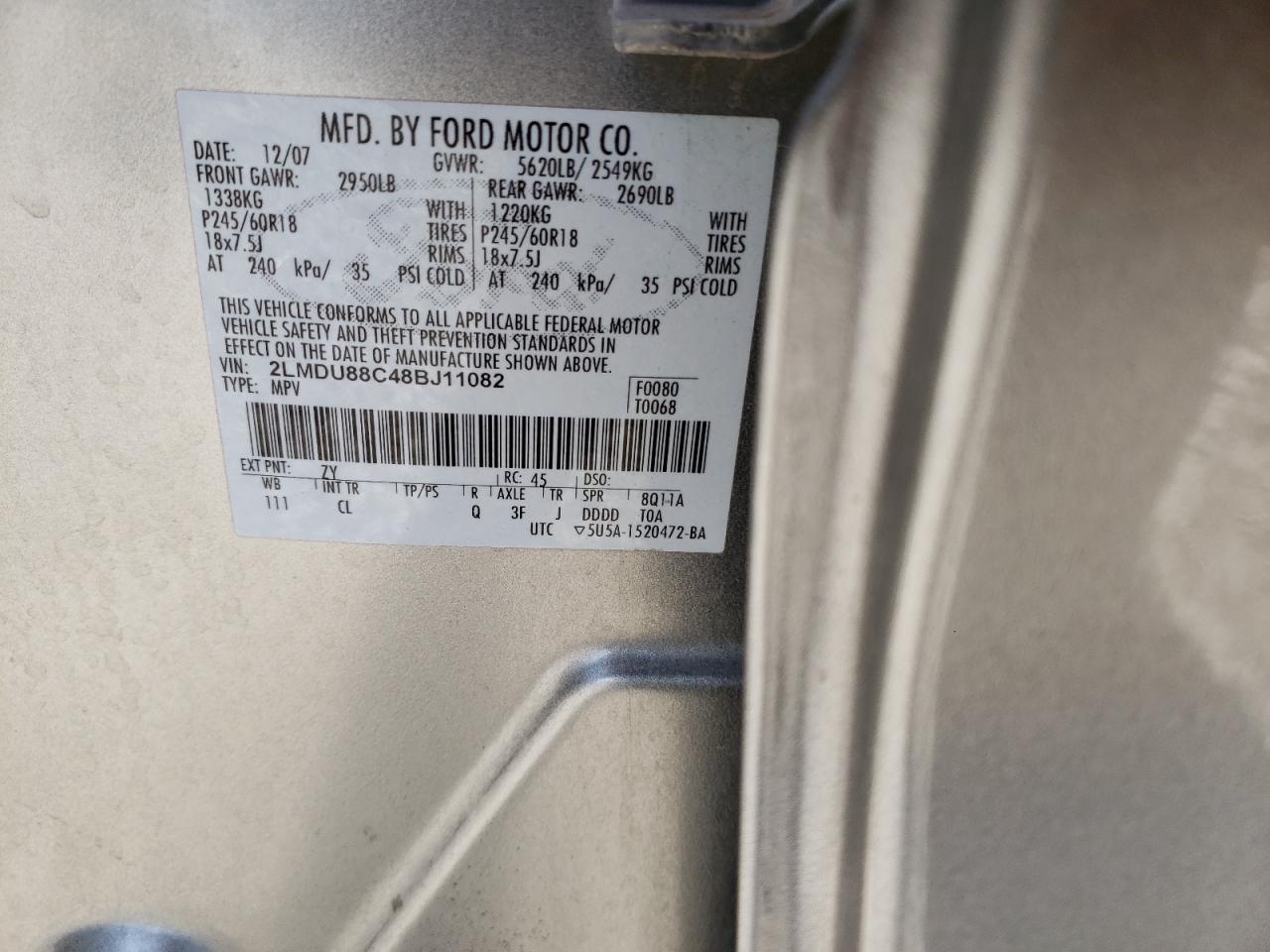 Photo 10 from auction – 2008 LINCOLN MKX with VIN 2LMDU88C48BJ11082