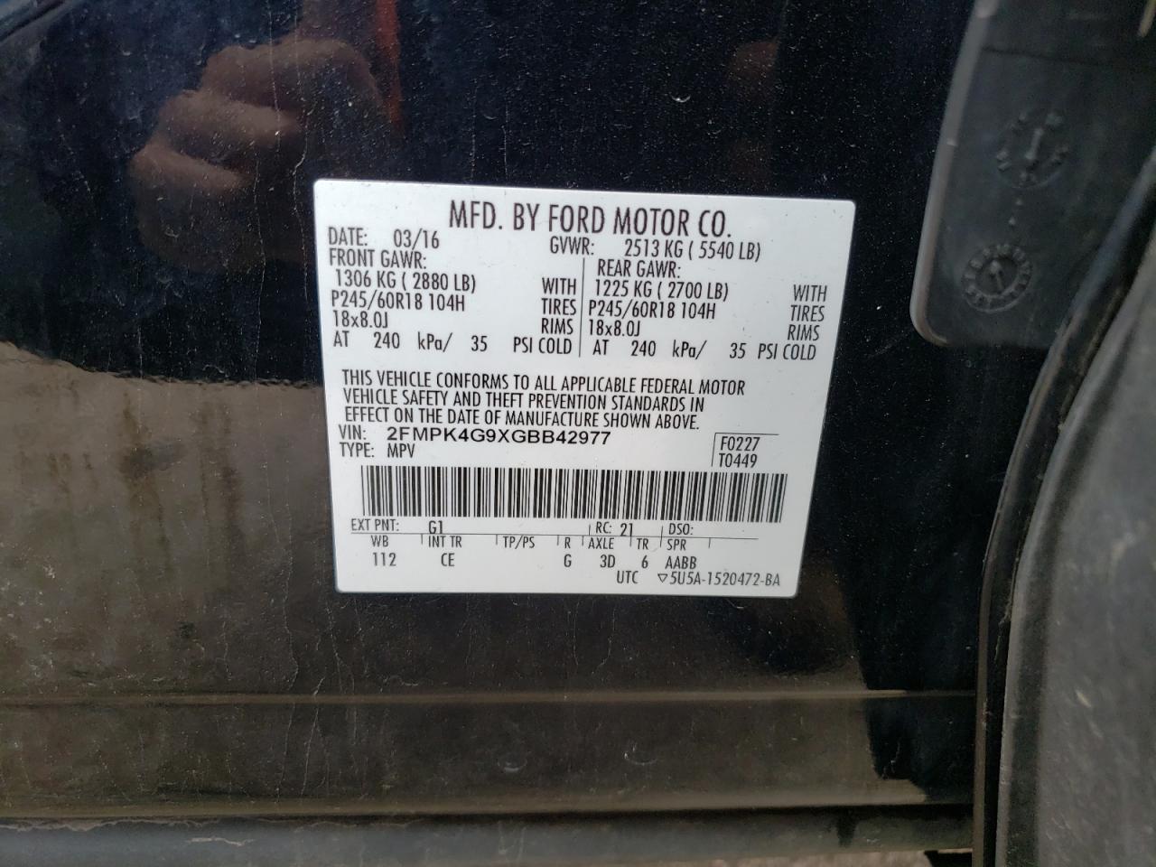 Photo 10 from auction – 2016 FORD EDGE SE with VIN 2FMPK4G9XGBB42977