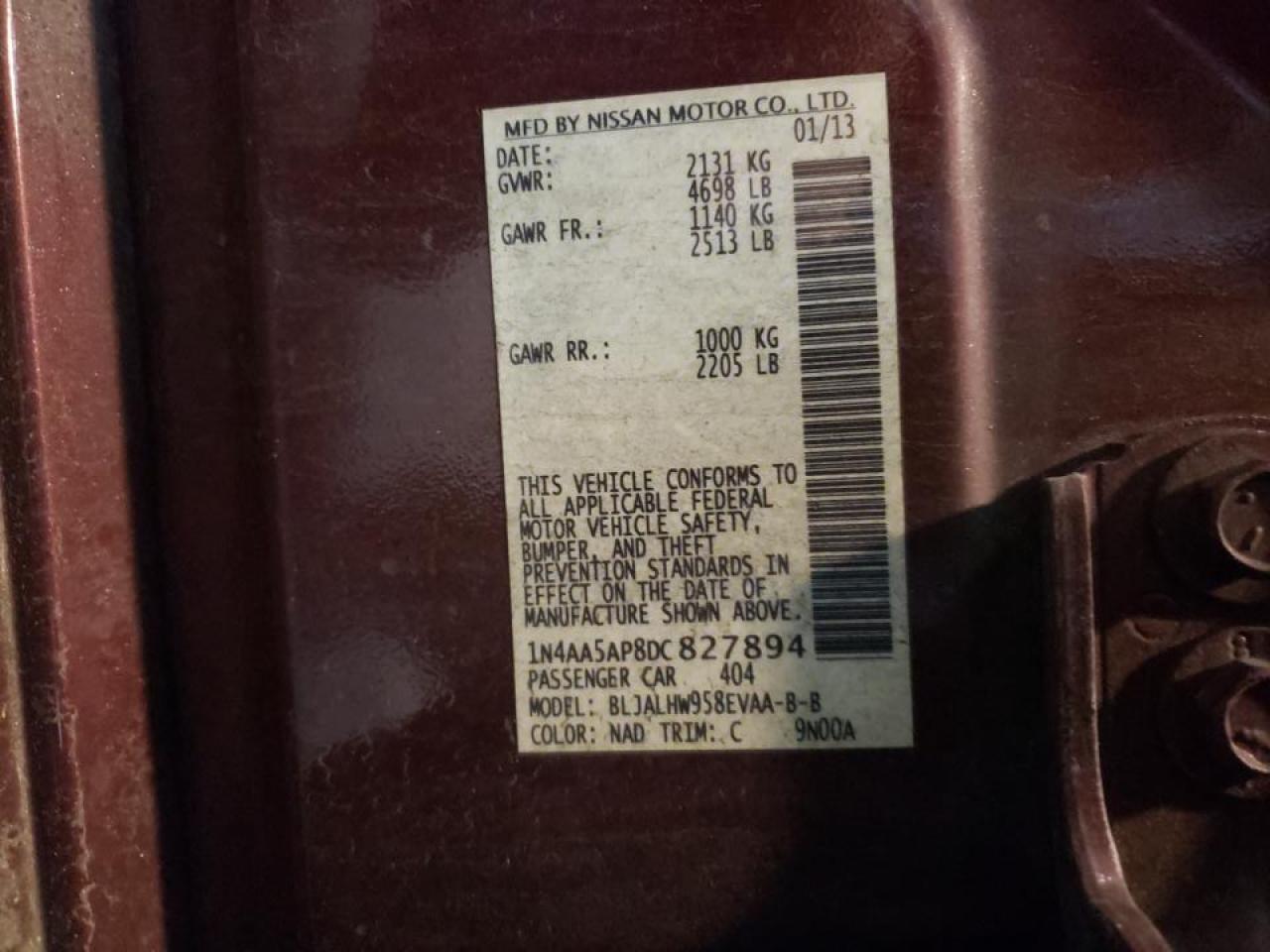 Photo 10 from auction – 2013 NISSAN MAXIMA S with VIN 1N4AA5AP8DC827894
