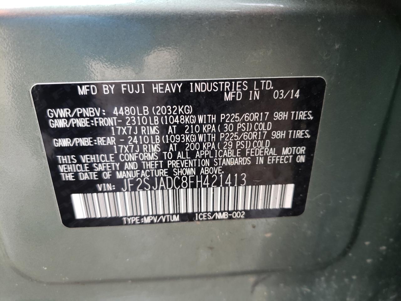 Photo 10 from auction – 2015 SUBARU FORESTER 2 with VIN JF2SJADC8FH421413