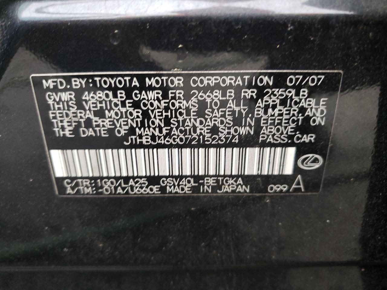 Photo 10 from auction – 2007 LEXUS ES 350 with VIN JTHBJ46G072152374