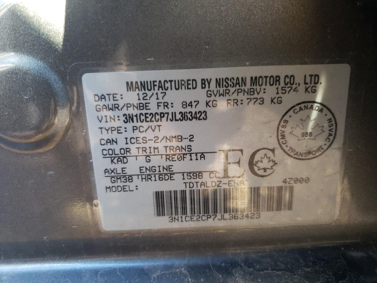 Photo 10 from auction – 2018 NISSAN VERSA NOTE with VIN 3N1CE2CP7JL363423