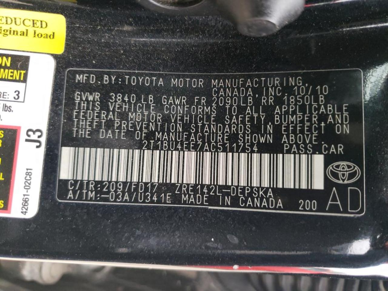 Photo 10 from auction – 2010 TOYOTA COROLLA BA with VIN 2T1BU4EE7AC511754