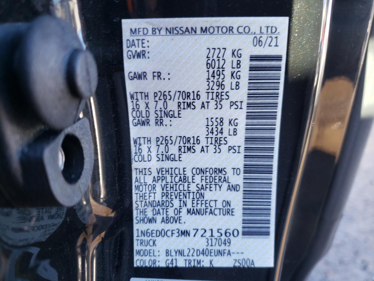 Photo 10 from auction – 2021 NISSAN FRONTIER S with VIN 1N6ED0CF3MN721560