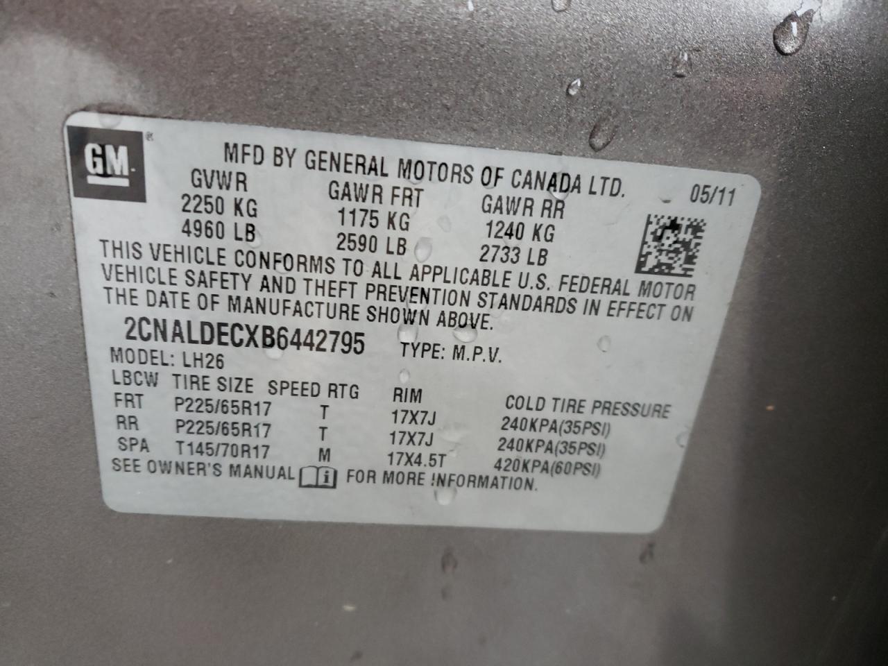 Photo 10 from auction – 2011 CHEVROLET EQUINOX LT with VIN 2CNALDECXB6442795