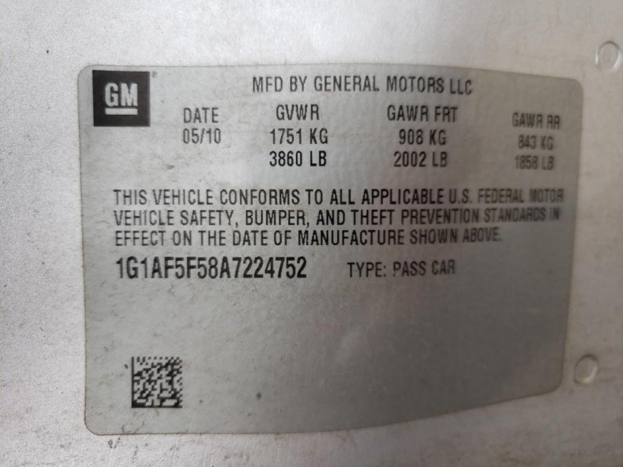 Photo 10 from auction – 2010 CHEVROLET COBALT 2LT with VIN 1G1AF5F58A7224752