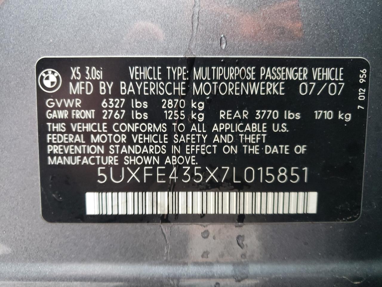 Photo 10 from auction – 2007 BMW X5 3.0I with VIN 5UXFE435X7L015851