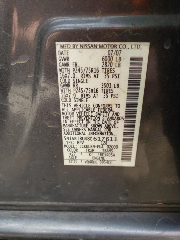 Photo 10 from auction – 2008 NISSAN PATHFINDER with VIN 5N1AR18U48C617611
