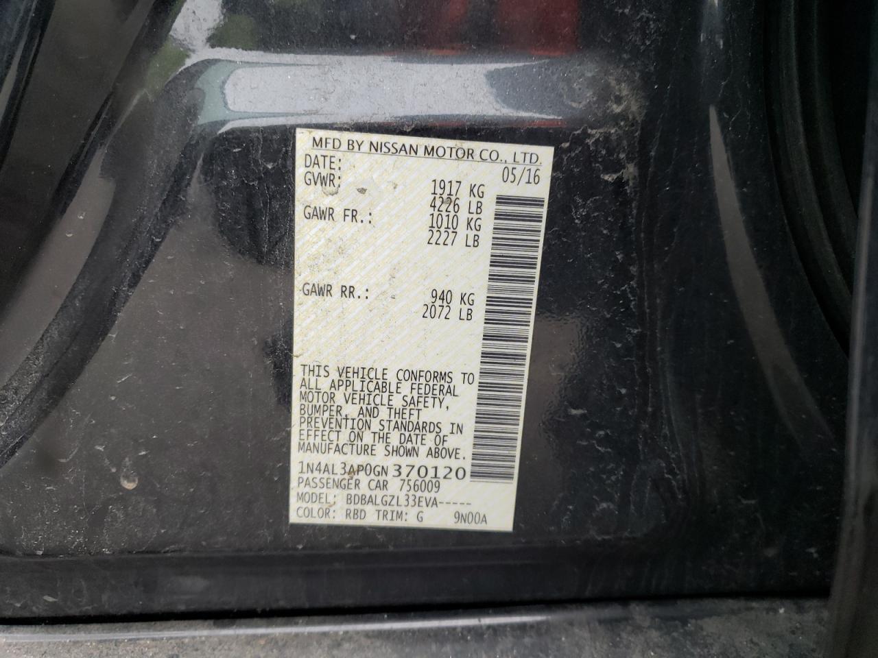 Photo 10 from auction – 2016 NISSAN ALTIMA 2.5 with VIN 1N4AL3AP0GN370120