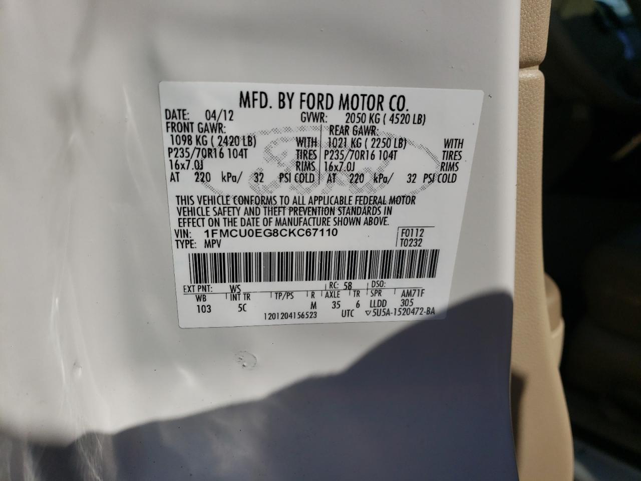 Photo 10 from auction – 2012 FORD ESCAPE LIM with VIN 1FMCU0EG8CKC67110