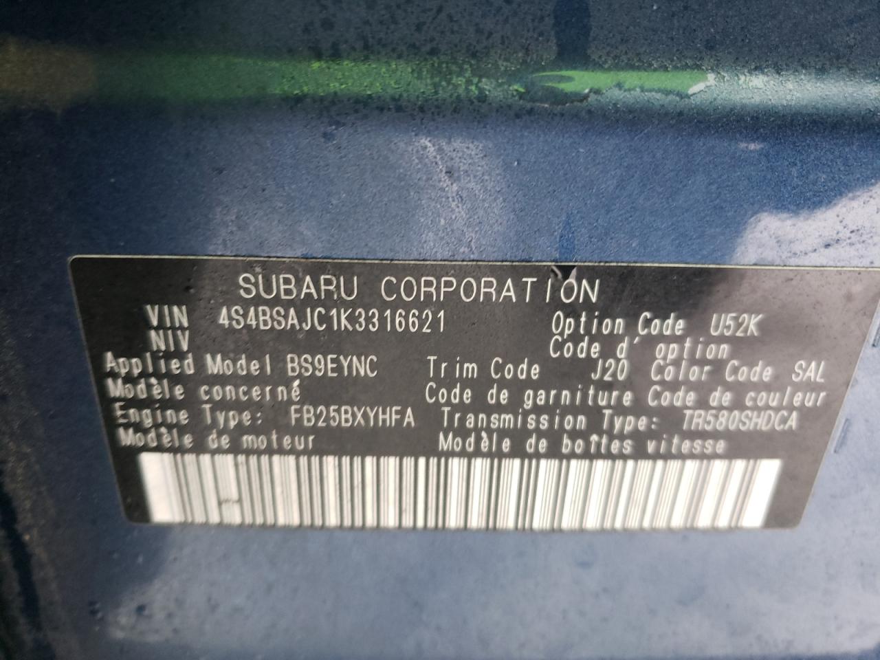 Photo 10 from auction – 2019 SUBARU OUTBACK 2. with VIN 4S4BSAJC1K3316621