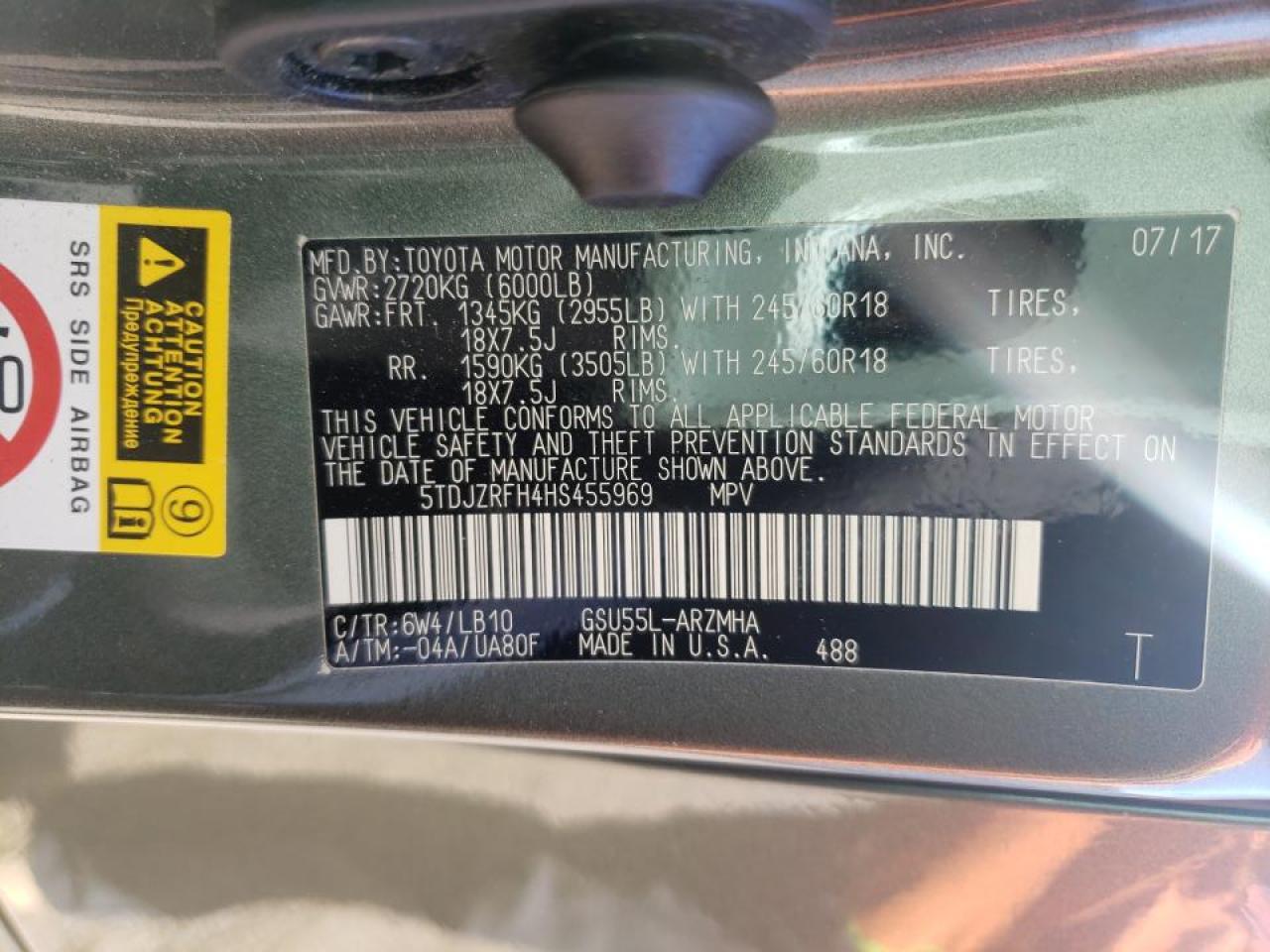 Photo 10 from auction – 2017 TOYOTA HIGHLANDER with VIN 5TDJZRFH4HS455969