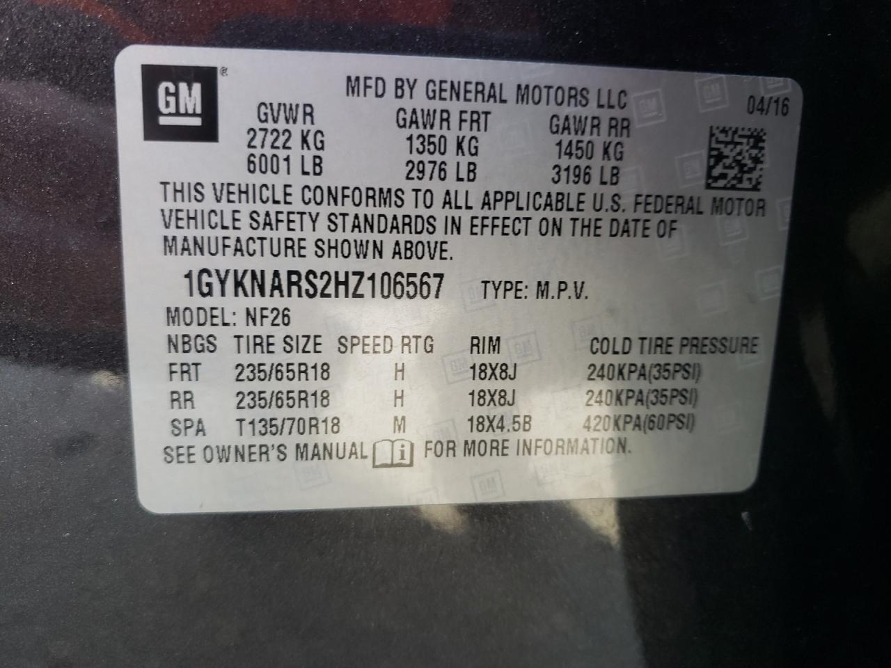 Фото 10 с аукциона – 2017 CADILLAC XT5 с VIN 1GYKNARS2HZ106567